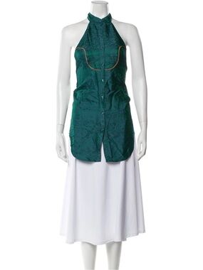 Kim Shui Emerald Green Halter Silk Brocade Top with Contrast Piping